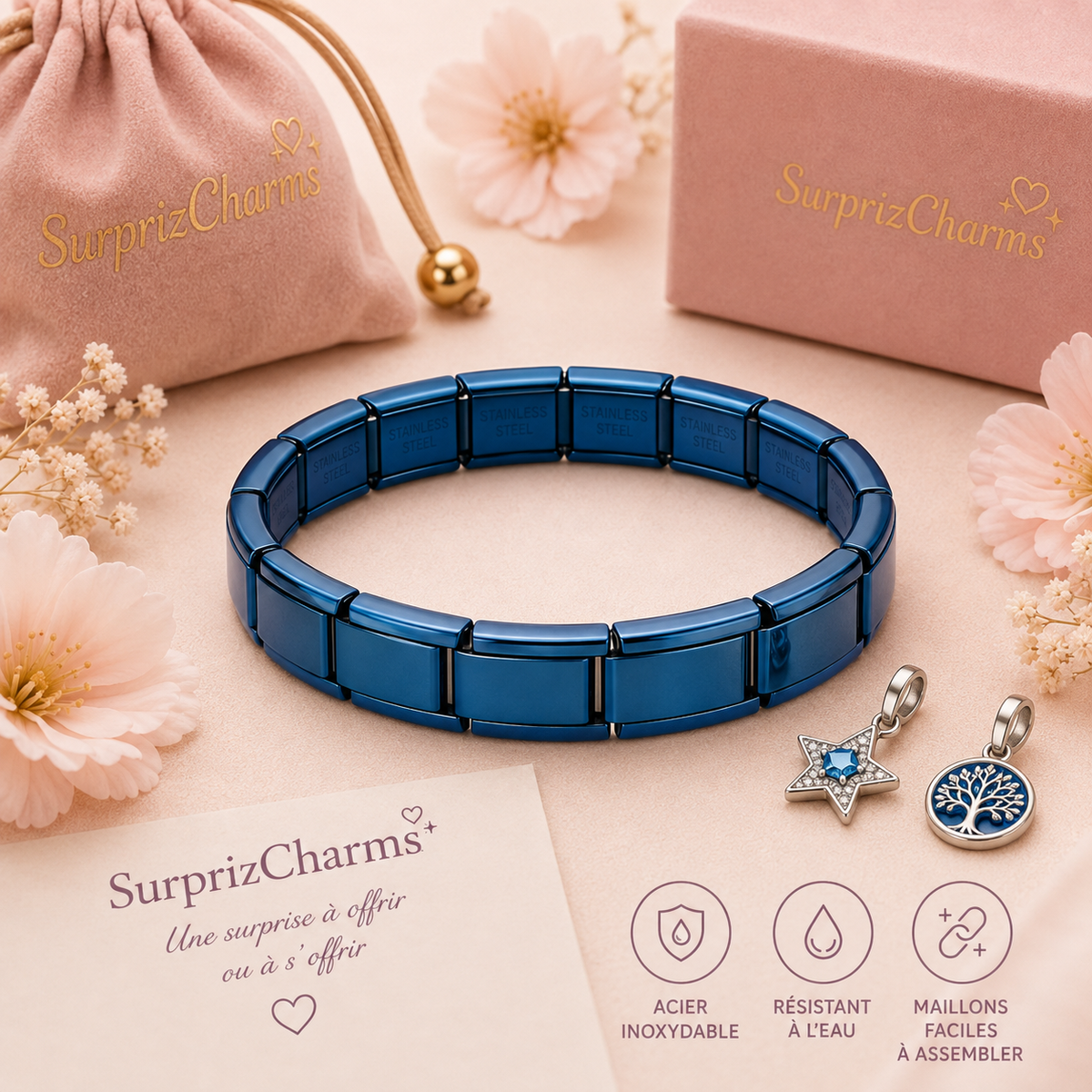 Bracelet Charms Couleur Bleu + 4 Chrams surprise