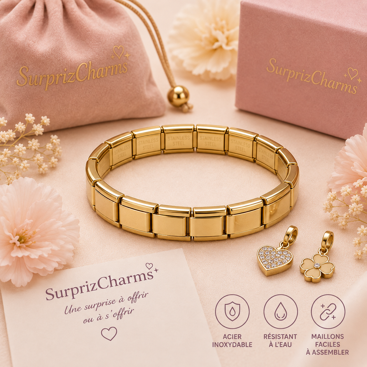 Bracelet Charms Couleur Or + 4 Charms surprise
