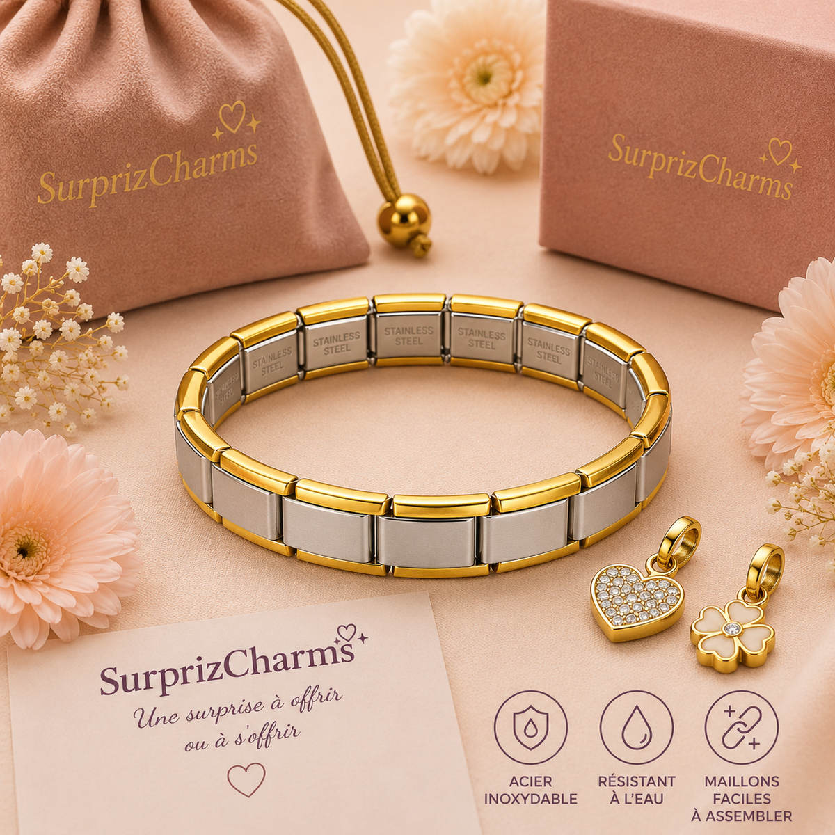 Bracelet Charms Bicolore Argenté et Doré + 4 charms surprise